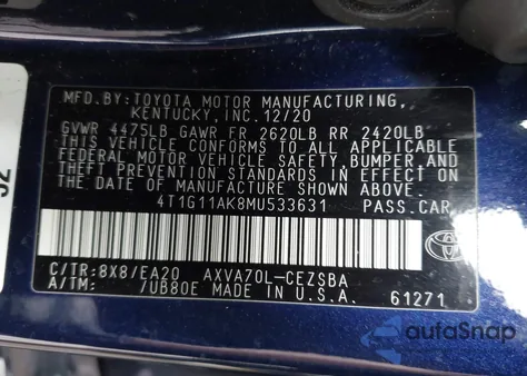 2021 Toyota Camry Se из США, поврежденный, VIN 4T1G11AK8MU533631